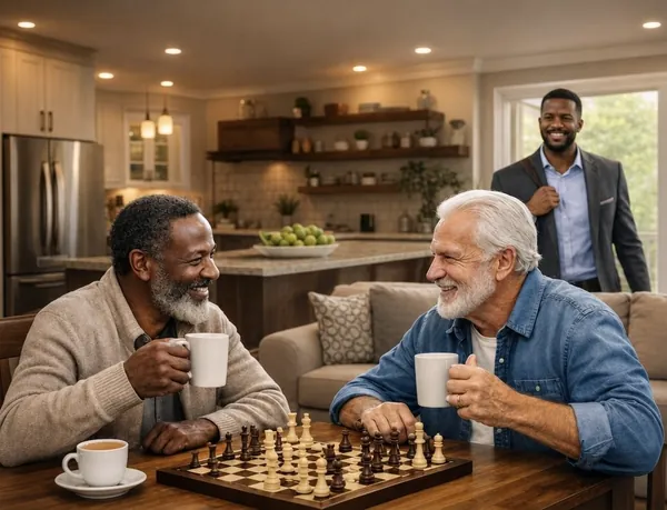 Residents connecting over coffee and chess